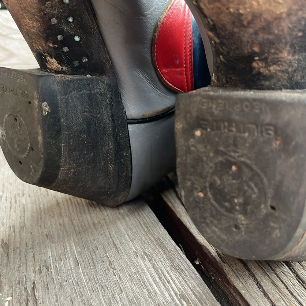 Vintage Laramie Handmade Western Boots Tri Color Red Blue Gray Leather Size 7 - Picture 16 of 17